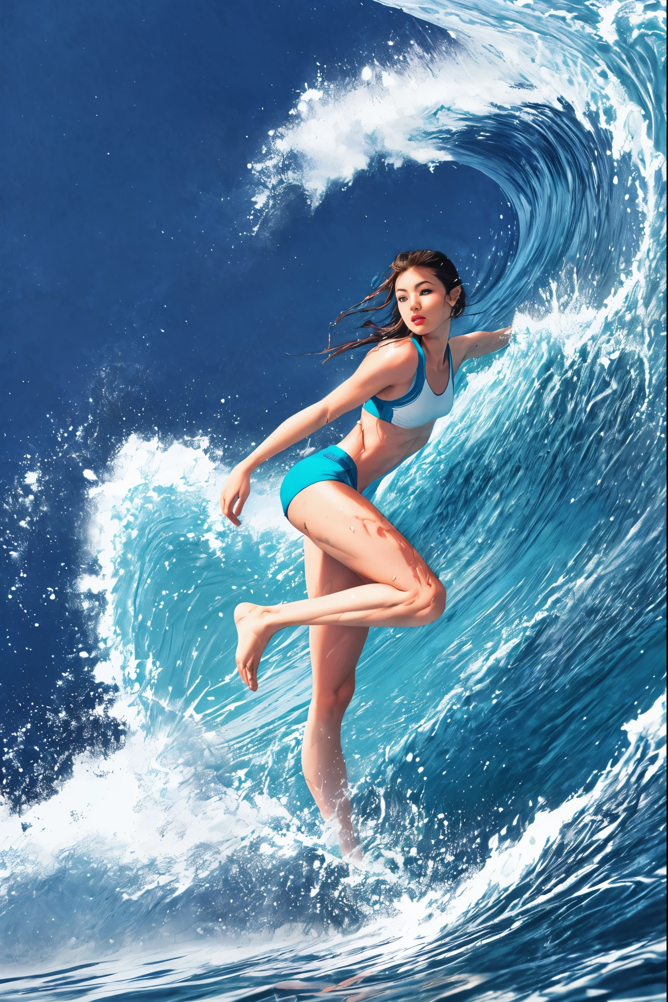 plano general, whole body, dynamic, male figure surfing on a huge wave:1.5,Crystal clear water, Bright sunlight casts sharp shadows., wide angle lens, sequence of images of something or someone in motion,(powerful and muscular physique),(intense focus on face),(water drops at high speed in the air:1.3),(deep blue and turquoise ocean colors),(foamy white wave crests:1.2),(Vibrant reflections of sunlight on the water.),(athletic pose),(casual surf clothing),(sense of movement),(sea spray:1.1),(sunny beach background),(adventurous spirit),(The power of nature), HD.8k