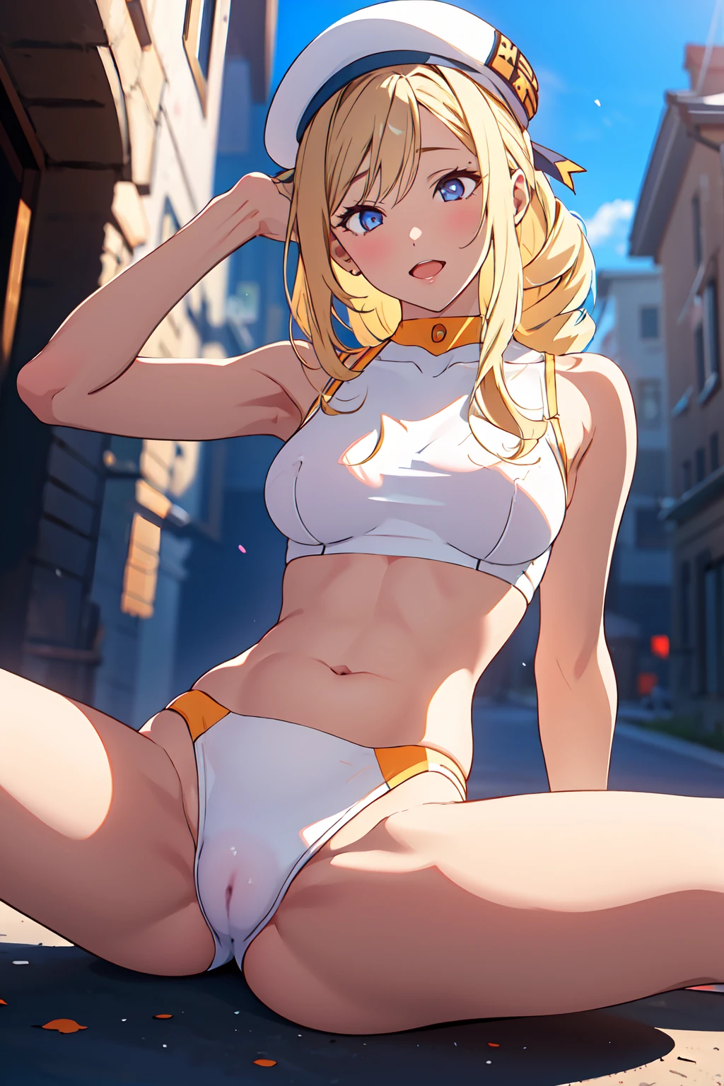 8k,masterpiece, best quality, highres,20-year-old,Sexy pose,ultra high res, best quality, dramatic, atmospheric,1girl, a very beautiful girl, glamour shot of girl, textured skin, florence_alicia,White_beret_aria_company_uniform,white_tankini_bikini, cat pose, ass shot, outdoors, ahegao,netorare,Pervert,Obscene,