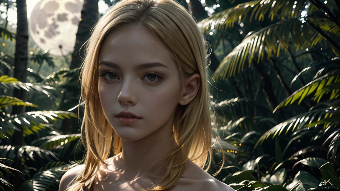 a blonde woman walking nude through a forest at night, surrounded by exotic trees and plants, the moon visible in the background, she looks at the camera with a mischievous smile, beautiful detailed eyes, beautiful detailed lips, extremely detailed eyes and face, long eyelashes, (best quality,4k,8k,highres,masterpiece:1.2),ultra-detailed,(realistic,photorealistic,photo-realistic:1.37),HDR,UHD,studio lighting,ultra-fine painting,sharp focus,physically-based rendering,extreme detail description,professional,vivid colors,bokeh,surreal,fantasy,enchanted forest,dramatic lighting,moody,sensual
