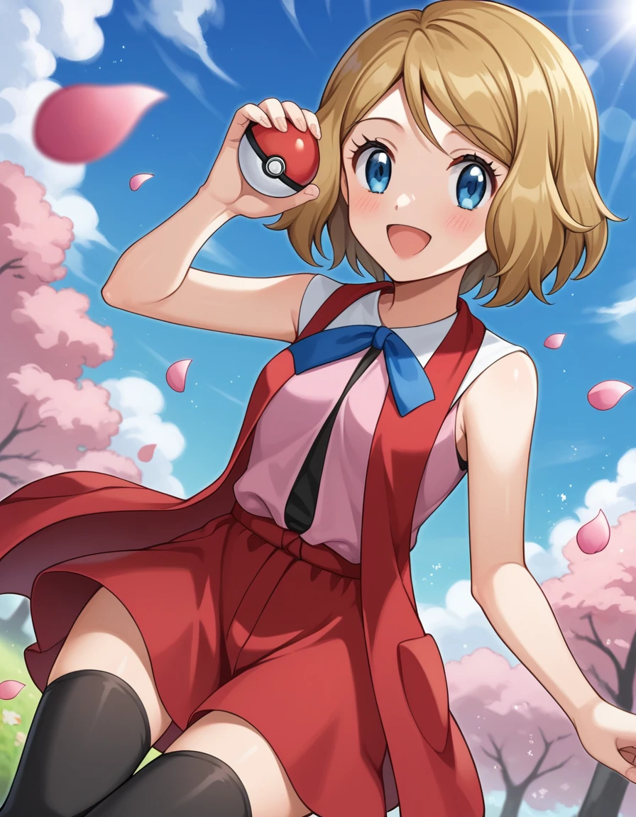 score_9, score_8_up, score_7_up, source_anime, rating_safe, BREAK serena \(pokemon\), 1girl, blue eyes, eyelashes, short hair, blonde hair, neck ribbon, blue ribbon, pink shirt, sleeveless, bare arms, red jacket, pink skirt, black thighhighs, dutch angle, hand up, smile, happy, open mouth, holding poke ballt, floating, dutch angle, blush, closed mouth, flower, petals, falling petals, light rays, light particles, blue sky, cloud