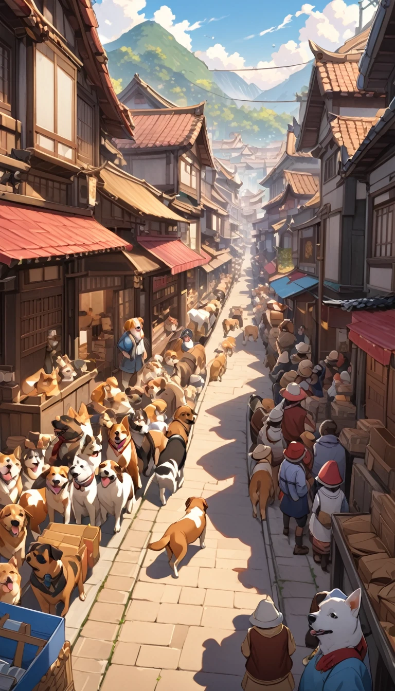 Streets filled with packs of dogs、The townspeople are depicted in a state of confusion.