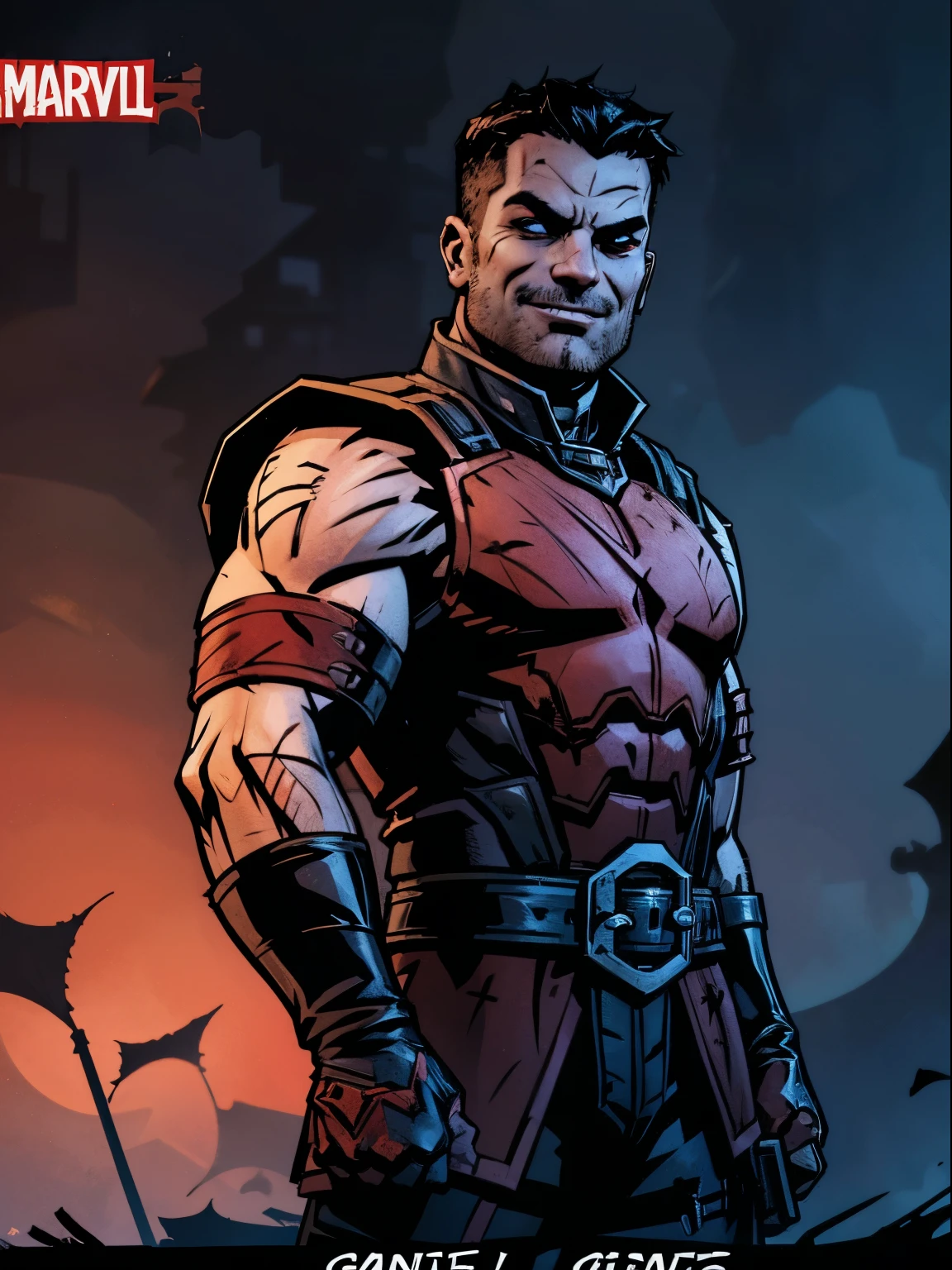 Dark night blood moon background, Darkest Dungeon style, game portrait. Kevin "Todd" Smith as Gabriel Summers from Marvel comics, athlete, short black haircut, 30 years old, {{glowing red eyes}}. Wily smile, badass, dangerous. Wearing military uniform, {{{scales}}}. Villian, badass. Hit pose. Film-poster, Epic