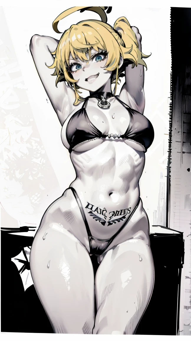 Tanya Degurechaff, milf, old woman, yellow hair, sports Bikini, ((sports bikini azul, flushed, smile coqueta, black lipstick, muscle girl, stronger)), ((pen sketch style)), ink, detailed face, puffy lips, ((gothic make up)), ((black lipstick)), twintails, ((teacher)),, (( flushed, smile, oiled skin, mucha piel visible)), short hair, yelow hair, picking up her breasts, (( sports bikini, picking up her breasts)), curvy body, (( gigantic sagging breast)), showing off her breasts, exhibitionism, long legs, open legs , abs, womb tattoo , muscle, ((beefy, bodybuilder)), arms up,Iparuputsua, squat, ((en cuclillas)), on the beach at night, city lights in the distance, Cancun, image from below