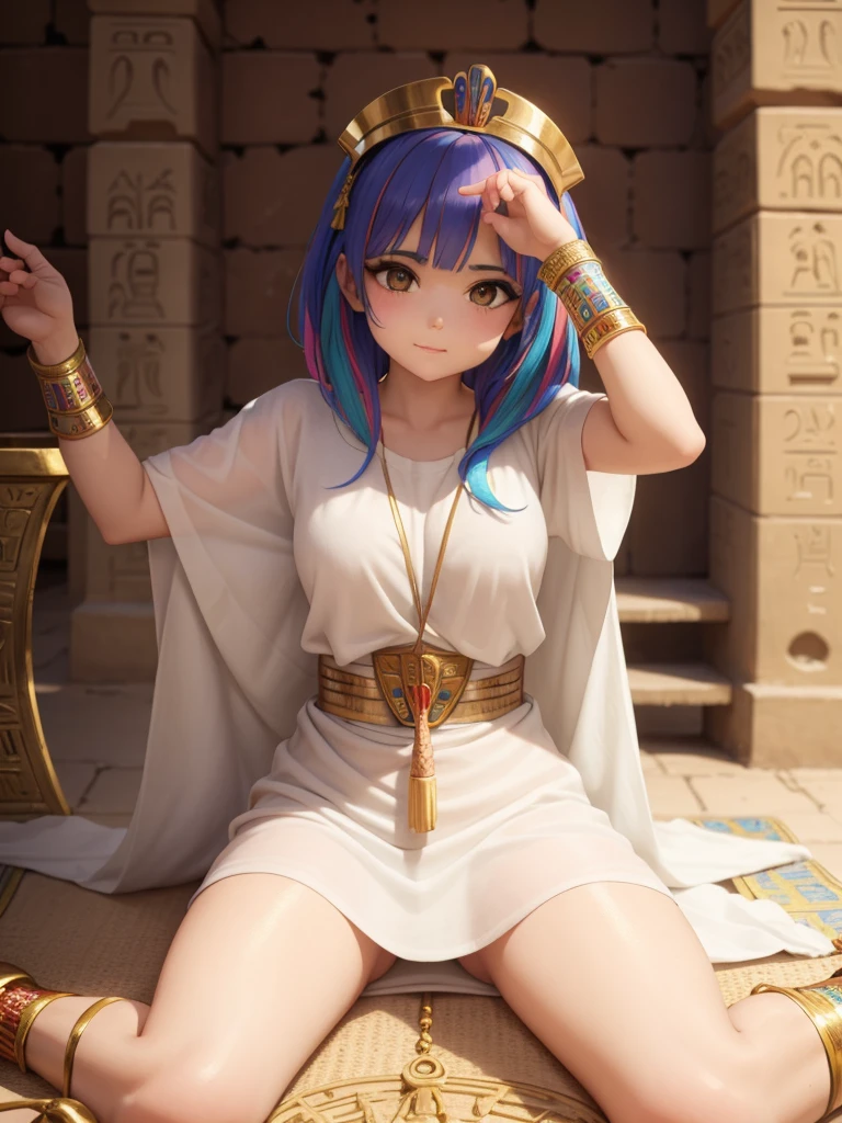 Cute ancient Egyptian princess、Colorful temples of ancient Egypt、The colorful streets of ancient Egypt、artistic、detailed、Colorful linen clothes、How to sit、front、Spread your legs