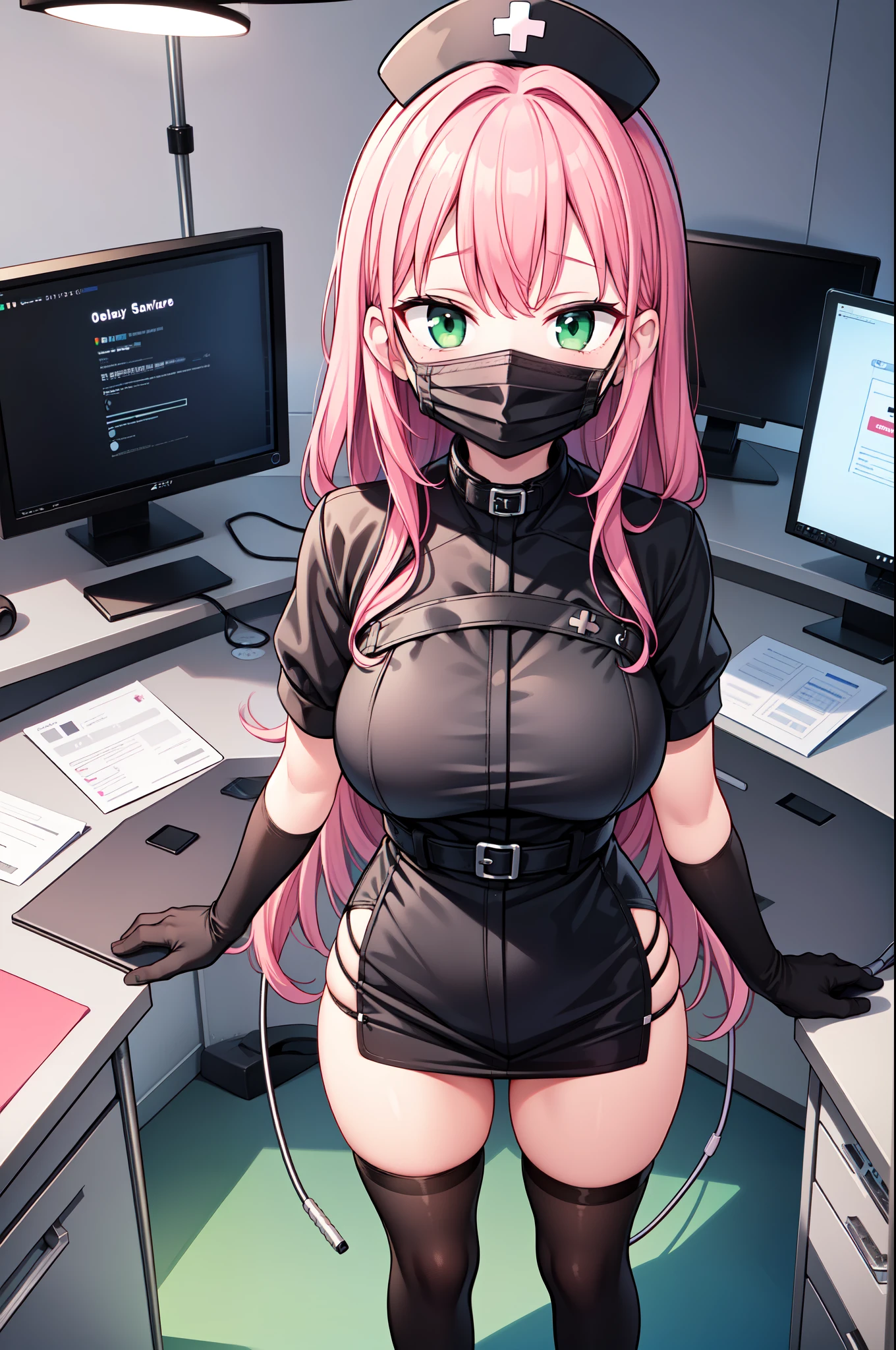 black nurse, 1girl, solo, black nurse cap, black nurse uniform, ((black legwear, zettai ryouiki)), black elbow gloves, pink hair, green eyes, drooping eyes, ((black surgical mask, covered nose)), standing, ((surgery room)), sharp outline, short sleeves, best quality, masterpiece