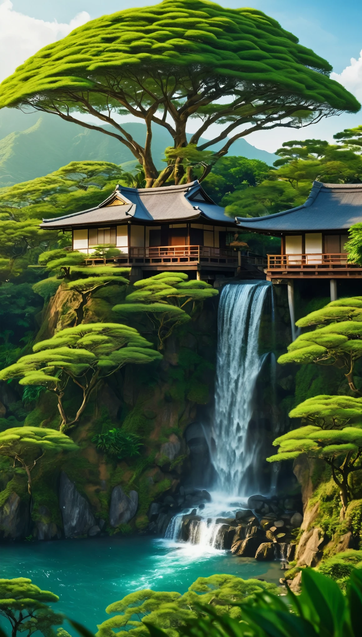 Green savana, tree in the middle, Beside the tree there is a japanese house, there are mountain with waterfall, warm vibes, 4K