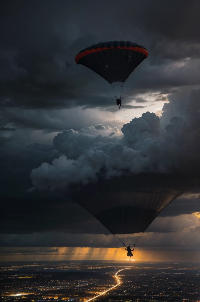 “Silhouette of DB Cooper jumping from an airplane over a stormy night landscape, with an open parachute. Show the scene with a dramatic and mysterious atmosphere.”
