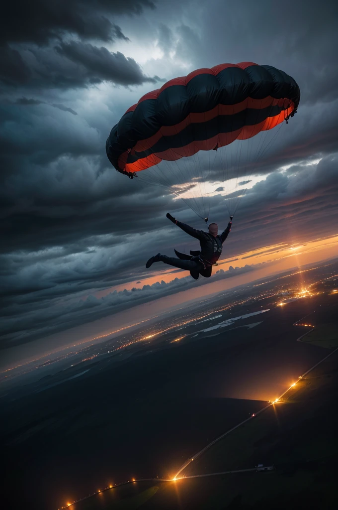 “Silhouette of DB Cooper jumping from an airplane over a stormy night landscape, with an open parachute. Show the scene with a dramatic and mysterious atmosphere.”