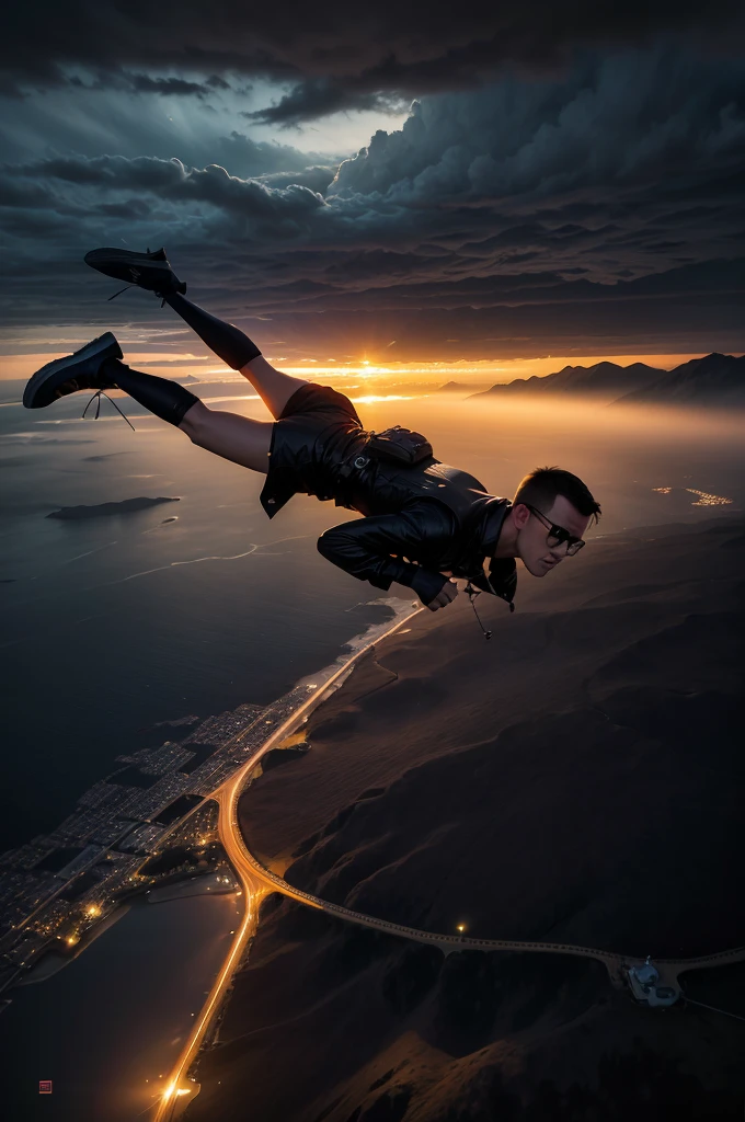 “Silhouette of DB Cooper jumping from an airplane over a stormy night landscape, with an open parachute. Show the scene with a dramatic and mysterious atmosphere.”