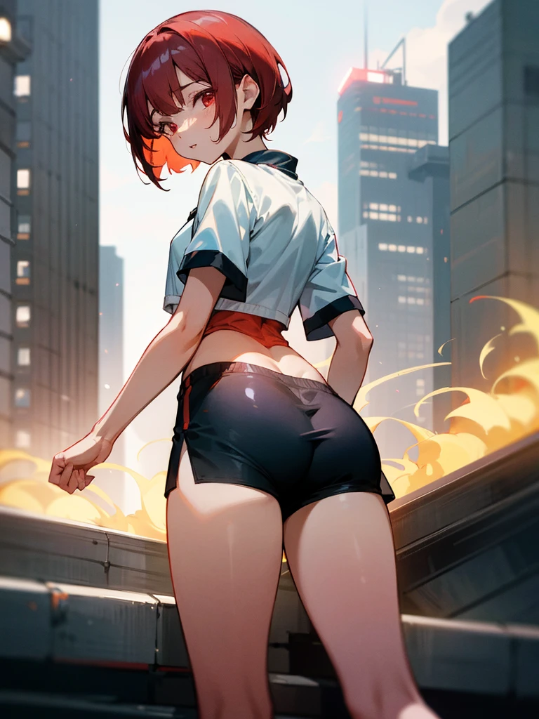 Arima Kana from Oshi No Ko , short redhair, red eyes, wearing nike pro shorts , city, absurdres, high res, ultrasharp, 8K, masterpiece, looking at viewer , showing her ass