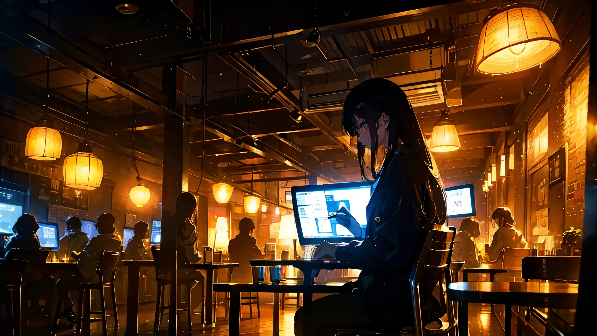 Work at a computer in a café、Fashionable、Tranquility、coffee 、dim、lamp shade、Chillout
