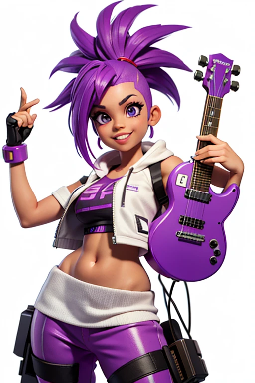 one,8k highly detailed, casual games, , 3D art style, Half body photo,White background,big eyes,cute,Model posing, African American woman,solid color background, purple Mohawk hair,Smile,(((White background))),((Cyberpunk clothing)),Punk clothes,cyberpunk style,Show belly,Face shot, purple Mohawk hair, playing a electric guitar, singing into a microphone.