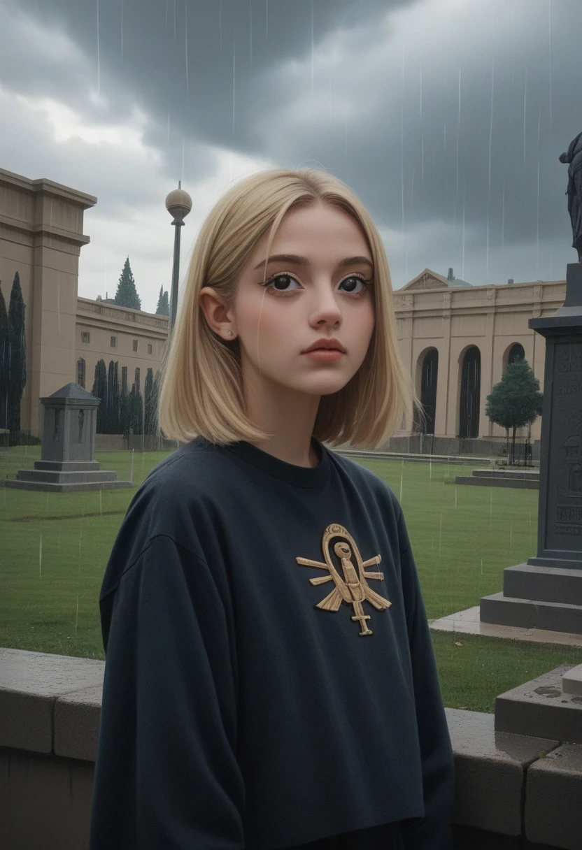 ( closeup of butters standing.:1.2) in a cemetery . a building_egyptian in the background. ((two black pupils)).blonde hair, black eyes. flat shading. flat colors. art style of comedy central south park tv show. ( best quality, high quality, highres, ultra-detailed), edobgraveyardengland, dark clouds. heavy raining.