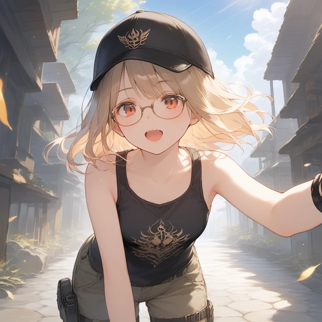 score_9, score_8_up, score_7_up, source_anime, best quality, masterpiece, official art, absurdres, highres, ultra-detailed,waifu2x,Collection: Slice of Life,break,1girl, fantasy world, short hair, glasses, small breasts, cap, tank top, cargo pants, open mouth, (yawn:0.3),outdoors, wilderness, wind, break,(clear line illustration:1.2),very high resolution, very aesthetic, super detailed skin, Best sexual lighting powered by famous artist, 8k,cute picture,beauty illustration,photoshop_(medium),,(Detailed Lighting),best anime 8k konachan wallpaper, pixiv contest winner,