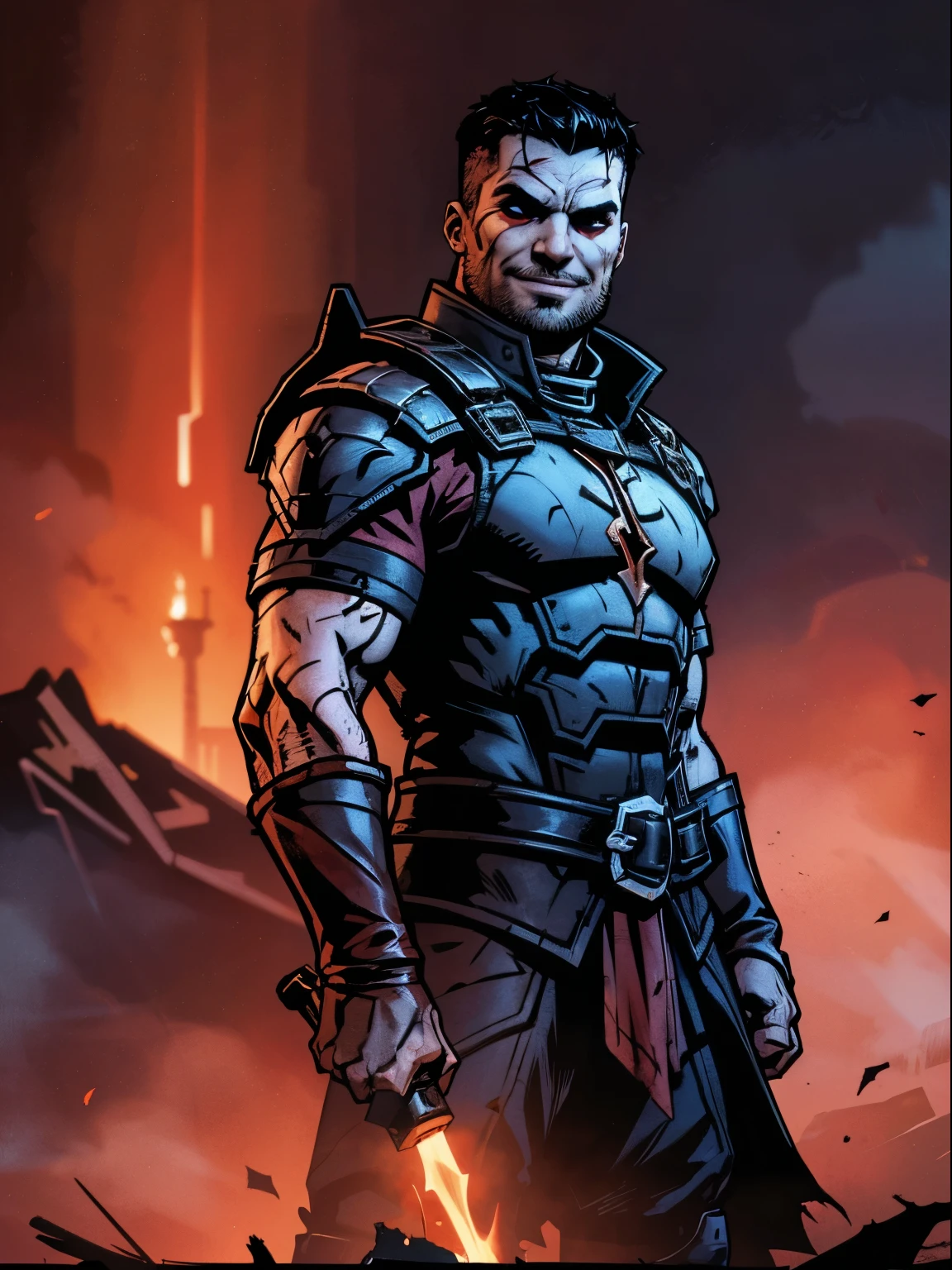Dark night blood moon background, Darkest Dungeon style, game portrait. Kevin "Todd" Smith as Gabriel Summers from Marvel comics, athlete, short black haircut, 30 years old, {{glowing red eyes}}. Wily smile, badass, dangerous. Wearing military uniform, {{{scales}}}. Villian, badass. Hit pose. Film-poster, Epic