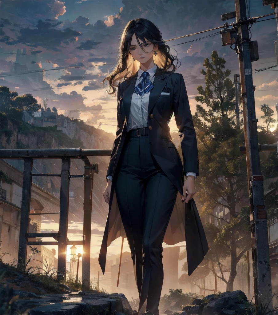 absurdres, RAW photo, extremely delicate and beautiful, masterpiece, Best Quality, ultra high resolution, 32k, hyperrealistic, ultra-detailed, Very detailed CG 8k wallpaper, detailed background, landscape, Beautiful Lighting, Perfect Lightning, Realistic Shadows, perfect ???????, anatomically correct, ideal ratio body proportions, perfect figure, Perfect Style, Perfect balance, super Detailed skin, in her 30s, very Slim body, narrow waist, very small head, very small face, delicate facial features, handsome detailed woman, very detailed eyes and face, realistic face proportions, Realistic beautiful face, Realistic beautiful eyes, tearful mole, earring, whole body shot, very huge round tits, medium hair, asymmetrical hair, wavy hair, outdoor, school_uniform, blazer,