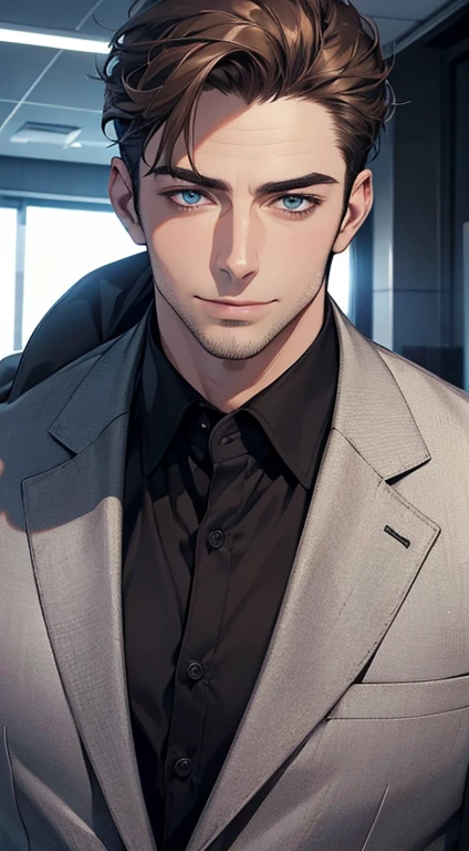 (best quality,4k,8k,highres,masterpiece:1.2),ultra-detailed,(realistic,photorealistic,photo-realistic:1.37),1 man,31 years old, man,very handsome,without expression,smile,short grey brown hair,blue eyes,penetrating gaze,perfect face without errors,imposing posture,businessman,office background,cinematic lighting,hdr image