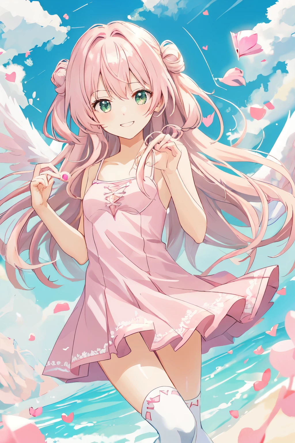 1_girl, (anime, kawai:2), (masterpeice, best_quality, clean:1.5), (sky_background:1.2), (cute, cute_smile, wholesome, young:2), (delicate, extremely_delicate, beautiful, thin:1.5), (girlfriend, angel:2), (green_eyes, cute_eyes, simple_eyes:1.8) (long_hair, blond_hair:1.8), (combat:1.2), (wearing_pink_dress, pink_angel_wings:1.6), (combat:1.2), extremely_delicate, (love_magic:1.5), (age_size_fits_body), (small_thighs:1.3), (breasts), (eye_level:1.3), (heart_magic, love:1.8), (warm:1.8), (folded_legs:1.5), (cheerful:1.3)