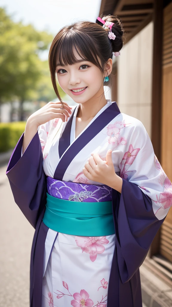 - **Head:**
- Long, turquoise hair tied up in a high ponytail with bangs framing the face.
- Large, expressive purple eyes.
- Light skin tone.
- Smiling expression with an open mouth, showing excitement or happiness.
- **Upper Body:**
- Wearing a traditional pink kimono with long sleeves.
- The kimono is tied with a white obi, which has a red ribbon tied over it in a cross pattern.
- The collar of the kimono is white with a purple trim.
- **Pose:**
- Standing with a relaxed and cheerful posture.
- Arms are relaxed and slightly away from the body, creating a welcoming appearance.
- **Overall Appearance:**
- Youthful and cheerful look, with a friendly and approachable demeanor.
- The character appears lively and full of energy, typical of a young woman in traditional attire.,ソロ, 胸, 大きな胸,