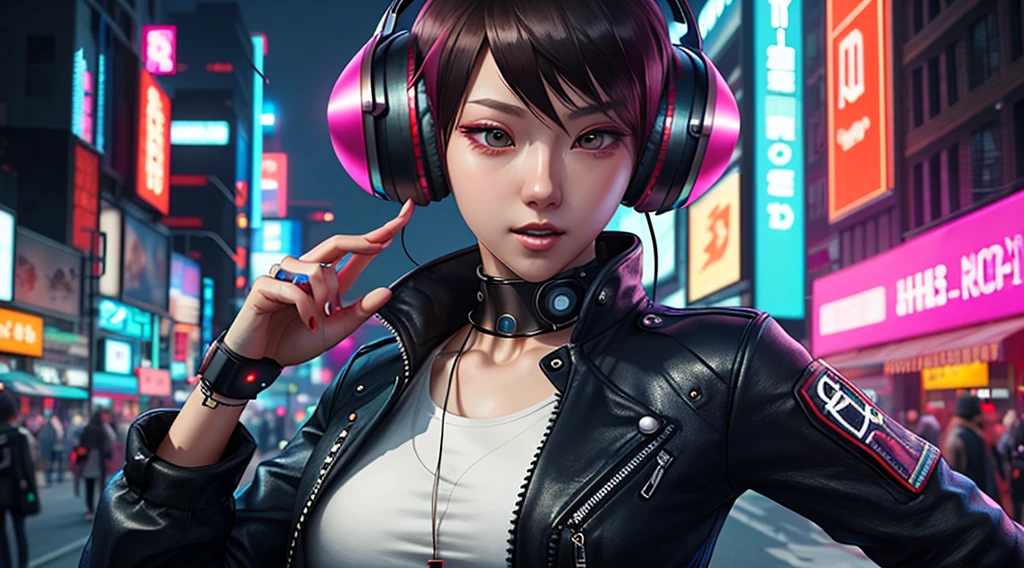 a close up of a woman in a leather outfit with headphones, Digital cyberpunk anime art, digital cyberpunk - anime art, cyberpunk anime girl, Extremely detailed Artgerm, art in the style of guweiz, cyberpunk artstyle, cyberpunk oppai, female cyberpunk anime girl, dreamy cyberpunk, anime cyberpunk art, Ross Tran 8 K, vibes cyberpunkinsert text: ((When K-Pop meets 70s pop-rock!))insert text: ((When K-Pop meets 70s pop-rock!))
