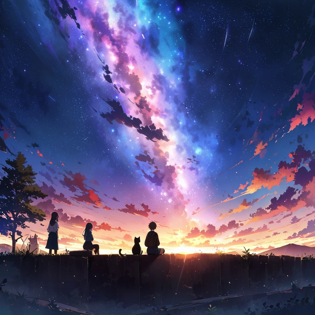 Anime drawings inspired by Makoto Shinkai, 「Sparrow'Door Lock」, A rotten wooden door standing alone on a deserted hill, pixiv topics, Space Art, Makoto Shinkai Cyril Rolland, Anime Japanese men and women in their late s, Rear view, sitting and looking at the sky, Munakata Souta, Suzume Iwato, 二人の周りにWhite Cat少女とBlack cat少女とThree-haired cat少女が空駆けまわる様にいる, 4k anime wallpaper,Anime Art Wallpapers 8K, anime art wallpaper 16k, Anime Art Wallpapers 32K, important, さimportant, White Cat, Black cat, Three-haired cat