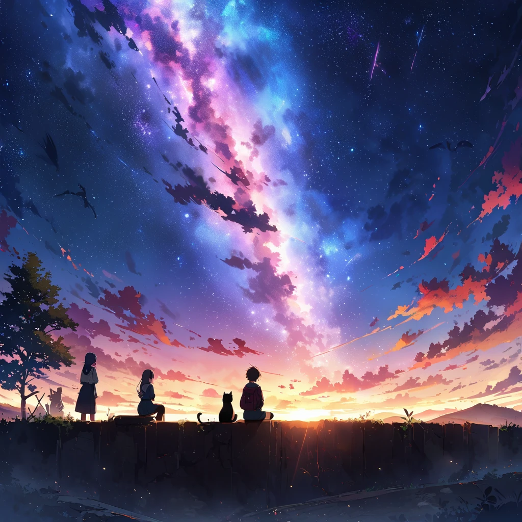 Anime drawings inspired by Makoto Shinkai, 「Sparrow'Door Lock」, A rotten wooden door standing alone on a deserted hill, pixiv topics, Space Art, Makoto Shinkai Cyril Rolland, Anime Japanese men and women in their late s, Rear view, sitting and looking at the sky, Munakata Souta, Suzume Iwato, 二人の周りにWhite Cat少女とBlack cat少女とThree-haired cat少女が空駆けまわる様にいる, 4k anime wallpaper,Anime Art Wallpapers 8K, anime art wallpaper 16k, Anime Art Wallpapers 32K, important, さimportant, White Cat, Black cat, Three-haired cat