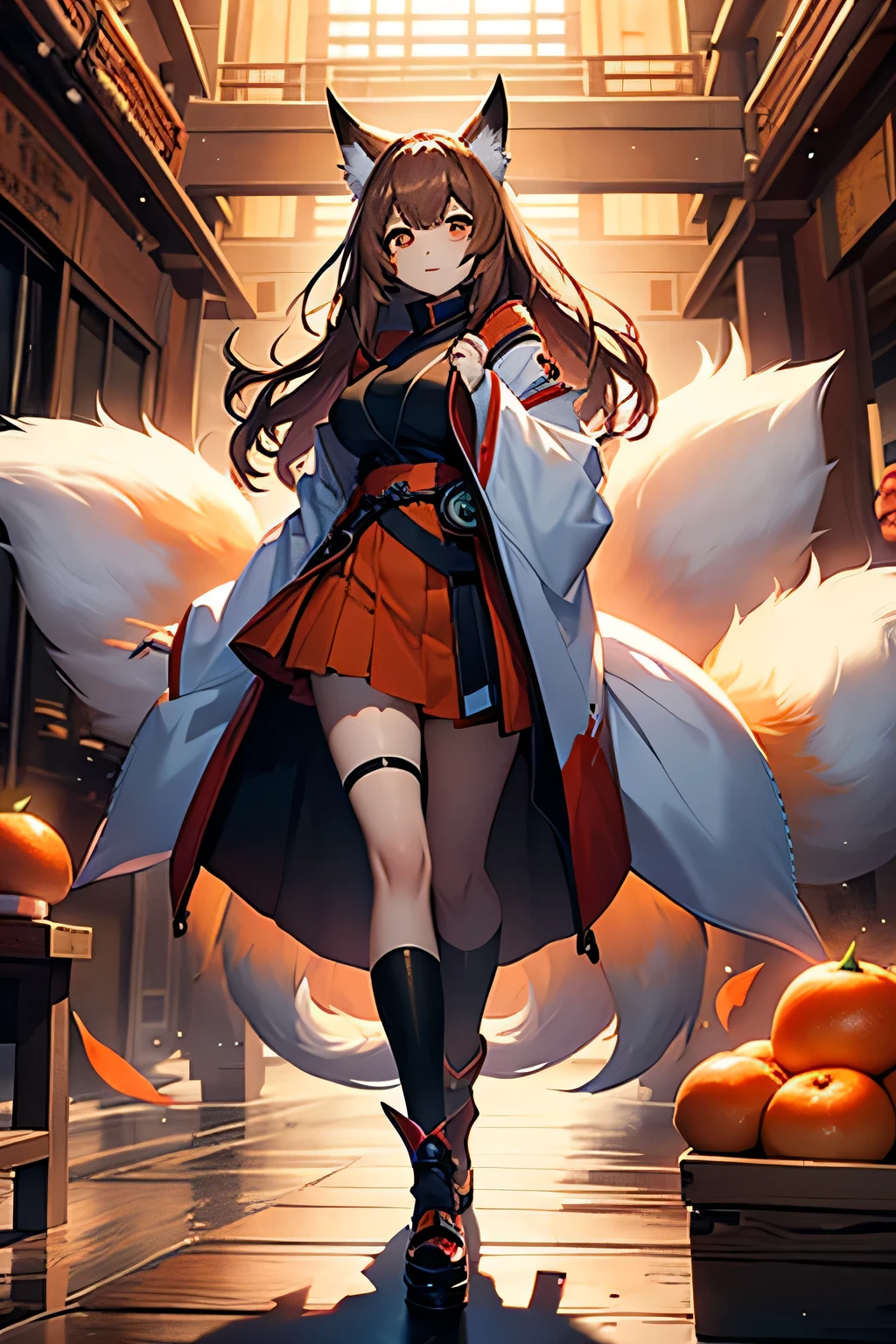 fullbody, female kitsune, villian, fox ears and tail, oranges, red, brown hair