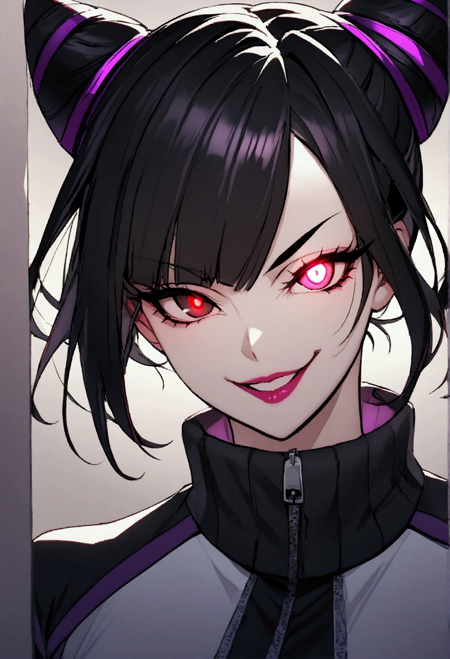 dark eye shadow,shining eyes,beautiful young fitness woman with , in a gym wearing May with black pantyhose, white and black gym jacket. standing alone,hair horns,red eyes glowing,Evil smile,legging preto ,labiaa,dark eye shadow,shining eyes,close up,hair with purple details .evil smile,couple,juri han
