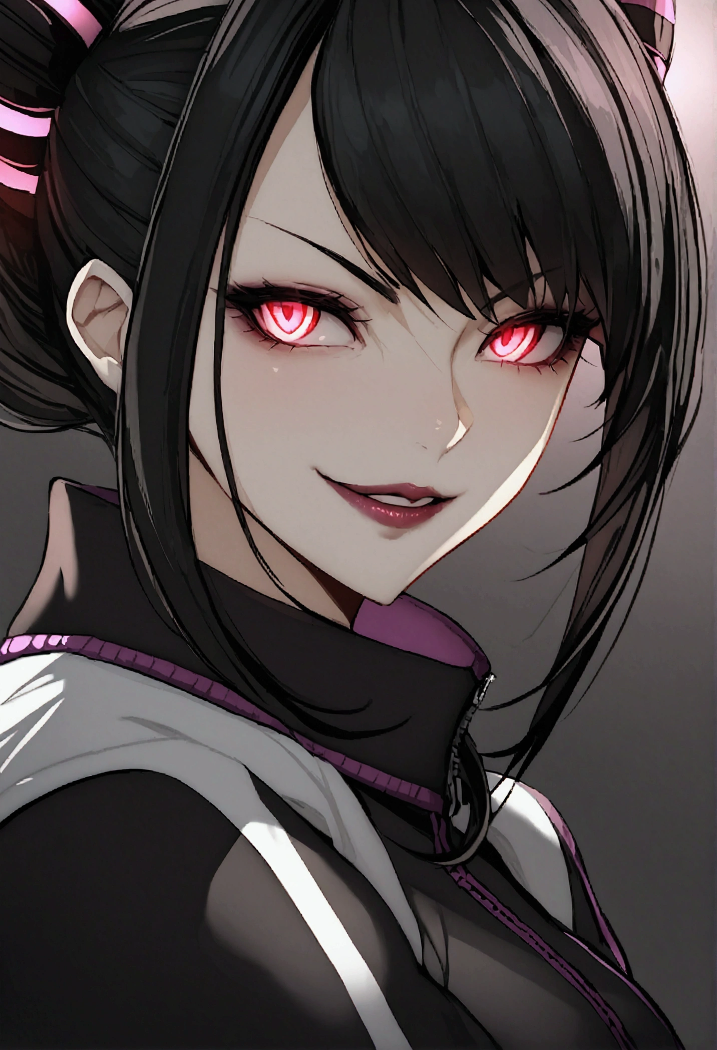 dark eye shadow,shining eyes,beautiful young fitness woman with , in a gym wearing May with black pantyhose, white and black gym jacket. standing alone,hair horns,red eyes glowing,Evil smile,legging preto ,labiaa,dark eye shadow,shining eyes,close up,hair with purple details .evil smile,couple,juri han
