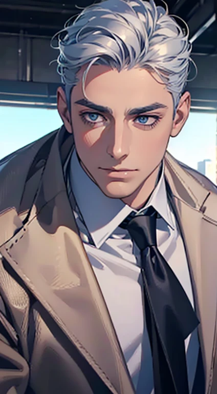(best quality,4k,8k,highres,masterpiece:1.2),ultra-detailed,(realistic,photorealistic,photo-realistic:1.37),1 man,31 years old,mature man,very handsome,without expression,smile,short grey blue hair,blue eyes,penetrating gaze,perfect face without errors,imposing posture,businessman,office background,cinematic lighting,hdr image