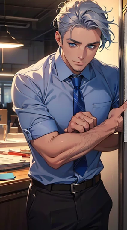 (best quality,4k,8k,highres,masterpiece:1.2),ultra-detailed,(realistic,photorealistic,photo-realistic:1.37),1 man,31 years old,mature man,very handsome,without expression,smile,short grey blue hair,blue eyes,penetrating gaze,perfect face without errors,imposing posture,businessman,office background,cinematic lighting,hdr image