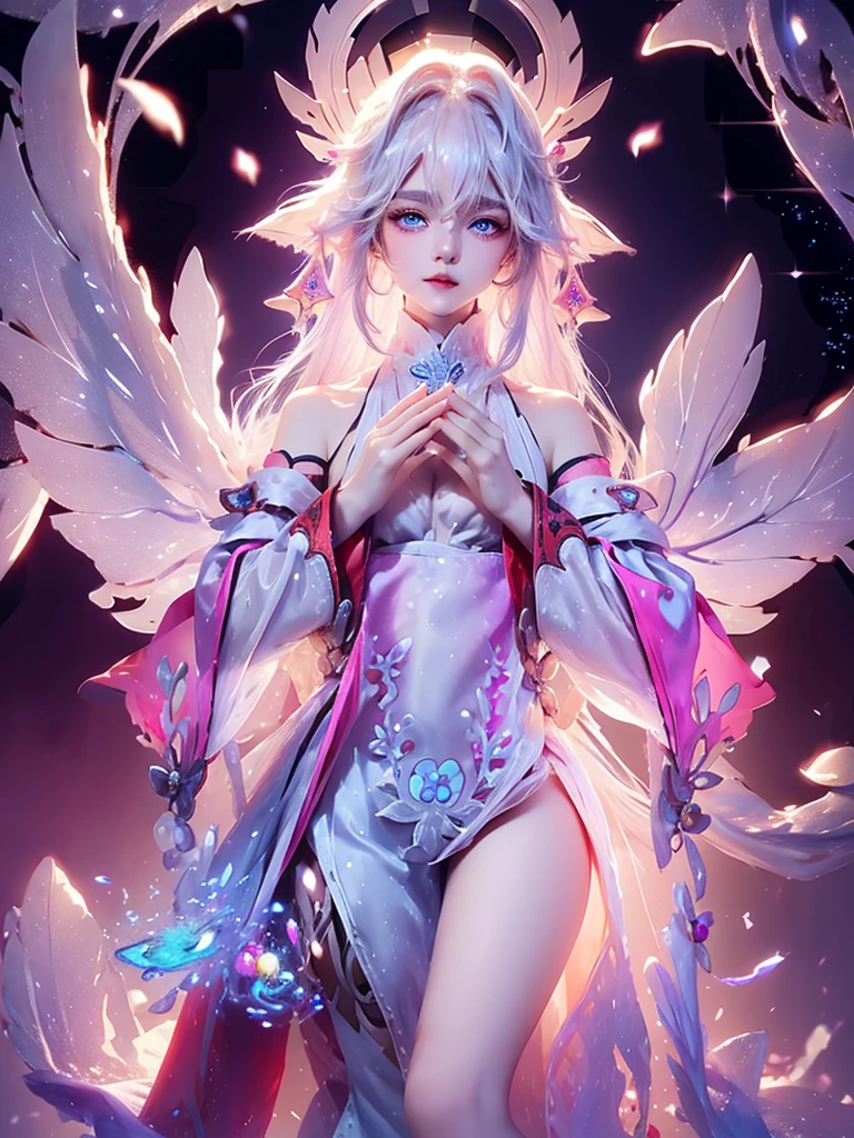 High quality, high resolution, fractal art, white hair and blue eyes, beautiful girl with long hair and white tiger, fairy wings on her back, white dress with delicate embroidery, fantasy art, fantastic flower field, soap bubbles, Korean glitter eye makeup, very delicate makeup, glitter, small breasts 