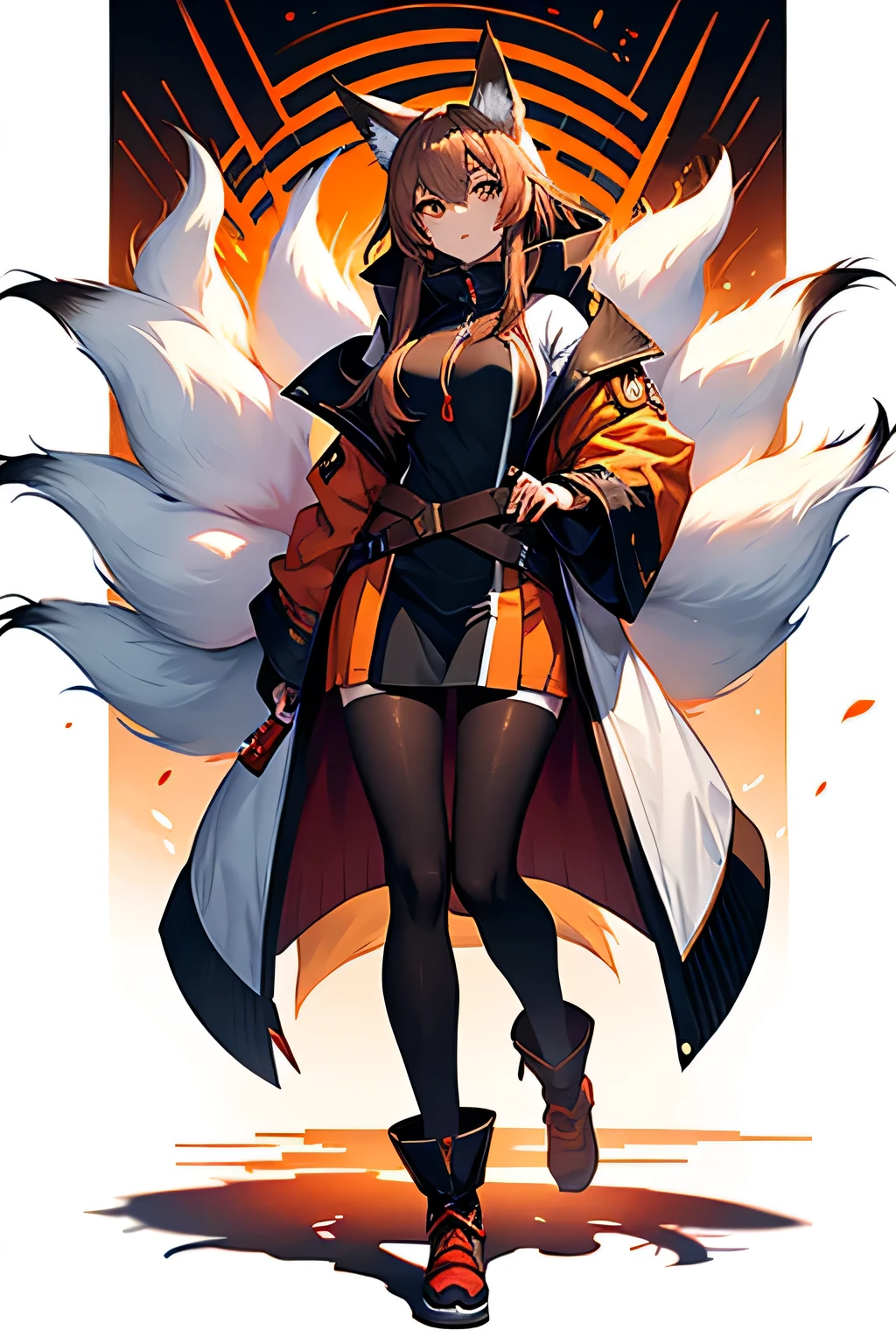 fullbody, female kitsune, villian, fox ears and tail, oranges, red, brown hair