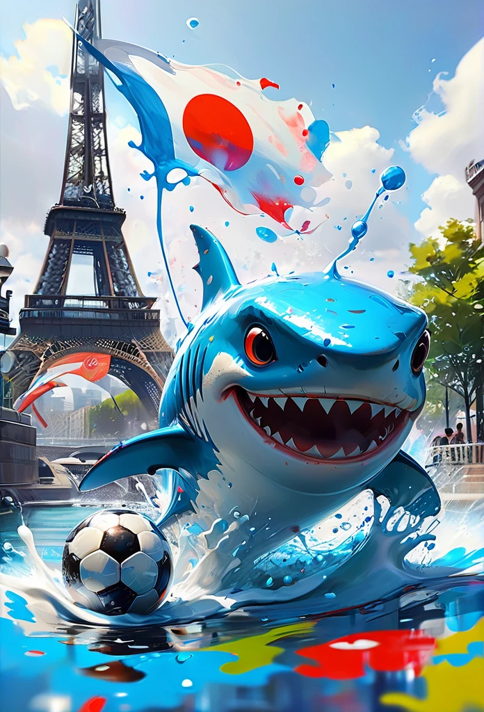 Splash Art, Cute Shark（Game Characters、Big eyes、Fly around、Eiffel Tower in the background、Black and white soccer ball、Olympic Games）, wonderfulインスタグラム, Art Station, Colorful paint splash style+, Very detailed、Exquisitely crafted down to the last detail, Engine Unreal, wonderful, Details Complexity, Splash screen, Complementary Color, Realistic concept art, 8k resolution, deviantart masterpiece, Oil, Thick brushwork, Paint drips, Splash Art，Paris，Japanese flag
