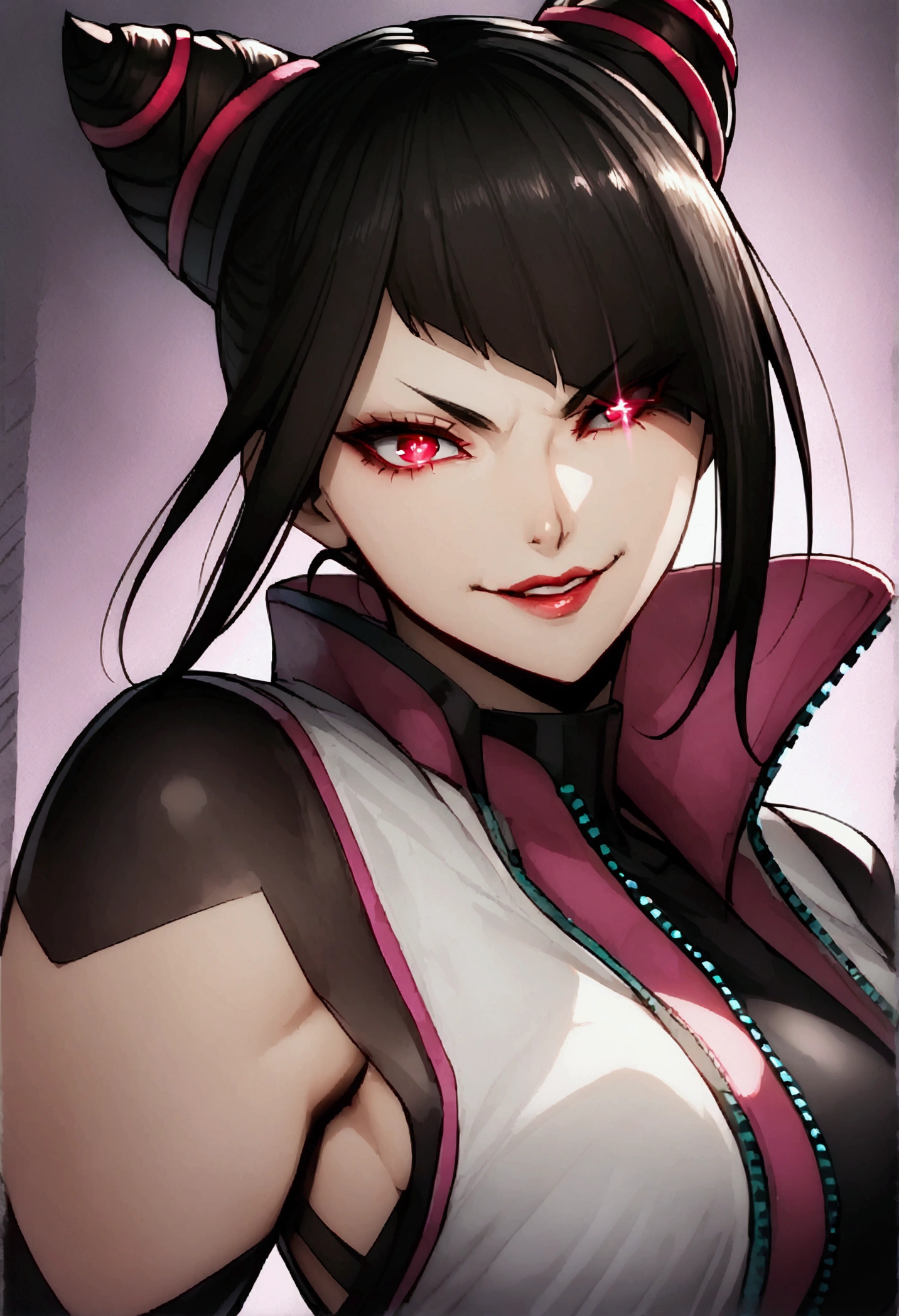 dark eye shadow,shining eyes,beautiful young fitness woman with , in a gym wearing May with black pantyhose, white and black gym jacket. standing alone,hair horns,red eyes glowing,Evil smile,legging preto ,labiaa,dark eye shadow,shining eyes,close up,hair with purple details .evil smile,couple,juri han