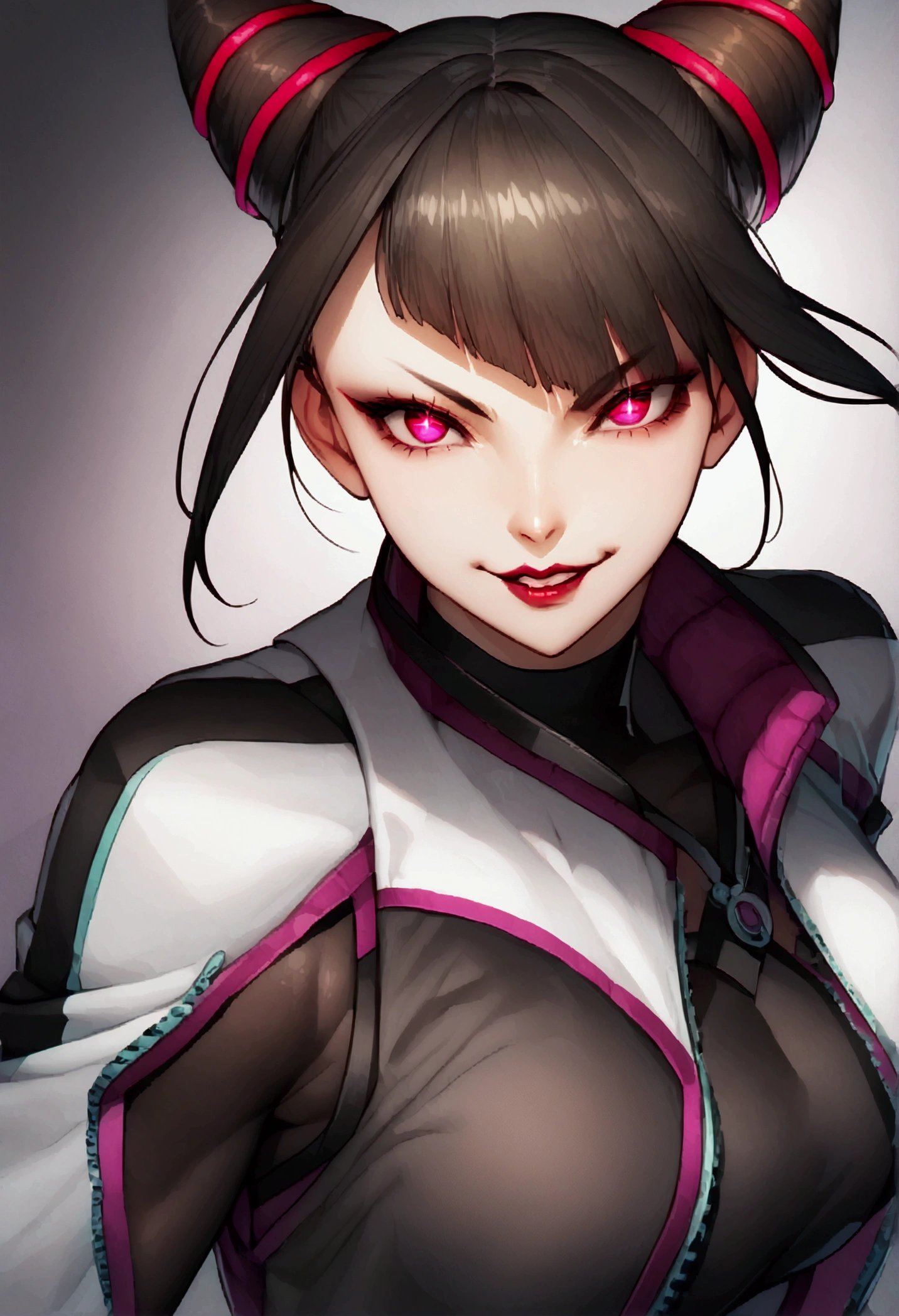 dark eye shadow,shining eyes,beautiful young fitness woman with , in a gym wearing May with black pantyhose, white and black gym jacket. standing alone,hair horns,red eyes glowing,Evil smile,legging preto ,labiaa,dark eye shadow,shining eyes,close up,hair with purple details .evil smile,couple,juri han