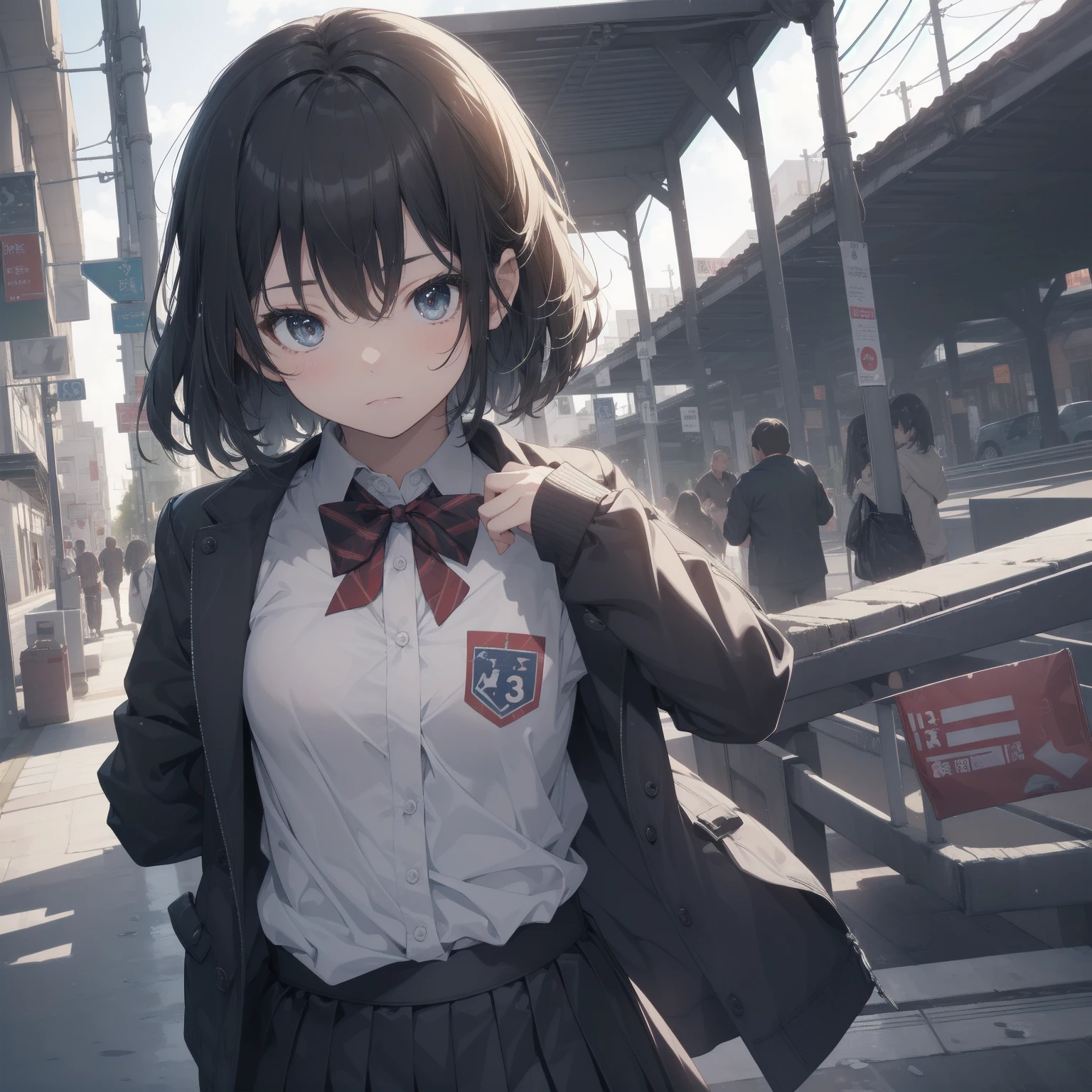 ultra-absurdres-Top quality by artist God, ultra-detailed, high resolution, anime moe artstyle, best anime 8k konachan wallpaper, pixiv contest winner, pool:2810, perfect anatomy,break, 1girl, (Please draw a girl walking sleepily to school alone. )break,(Solo,little female, 13-year-old:1.3),Full limbs, complete fingers,a junior high school student, (very short hair), short cut, flat chest, , small butt, small black eyes, beautiful detailed eyes, well-proportioned iris and pupils, expressive eyes, highres detailed hair, soft expression, salor school_uniform, sailor collar, serahuku, bow, pleated skirt,(Detailed Lighting), (Detailed background), in the School commute route. break,super detailed skin, Best cinematic lighting powered by famous artist, 8k,beauty illustration,photoshop_(medium),very aesthetic,break,((artist:nekotoufu )), artist:clamp ,artist:carnelian ,artist:kantoku ,