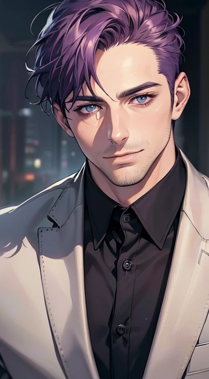 (best quality,4k,8k,highres,masterpiece:1.2),ultra-detailed,(realistic,photorealistic,photo-realistic:1.37),1 man,31 years old,mature man,very handsome,without expression,smile,short purple hair,blue eyes,penetrating gaze,perfect face without errors,imposing posture,businessman,office background,cinematic lighting,hdr image