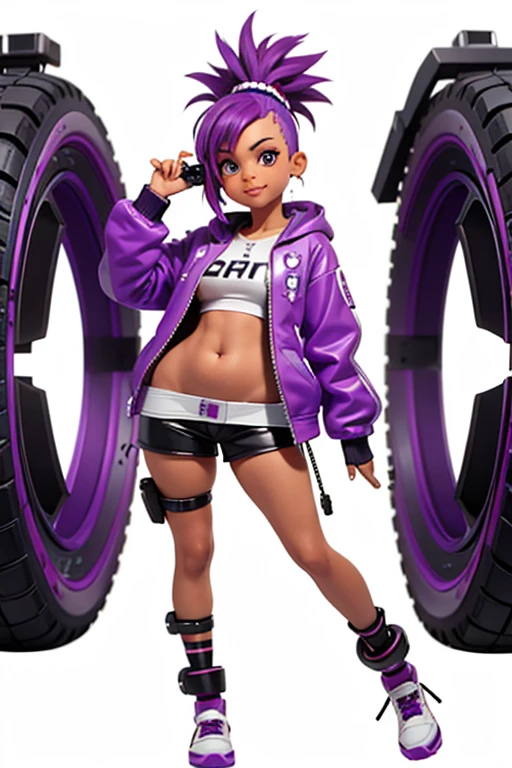 one,8k highly detailed, casual games, , 3D art style, Half body photo,White background,big eyes,cute,Model posing,mature African American woman,solid color background, purple Mohawk hair,Smile,(((White background))),((Cyberpunk clothing)),Punk clothes,cyberpunk style,Show belly,Face shot, purple Mohawk hair, playing a electric guitar, singing into a microphone.