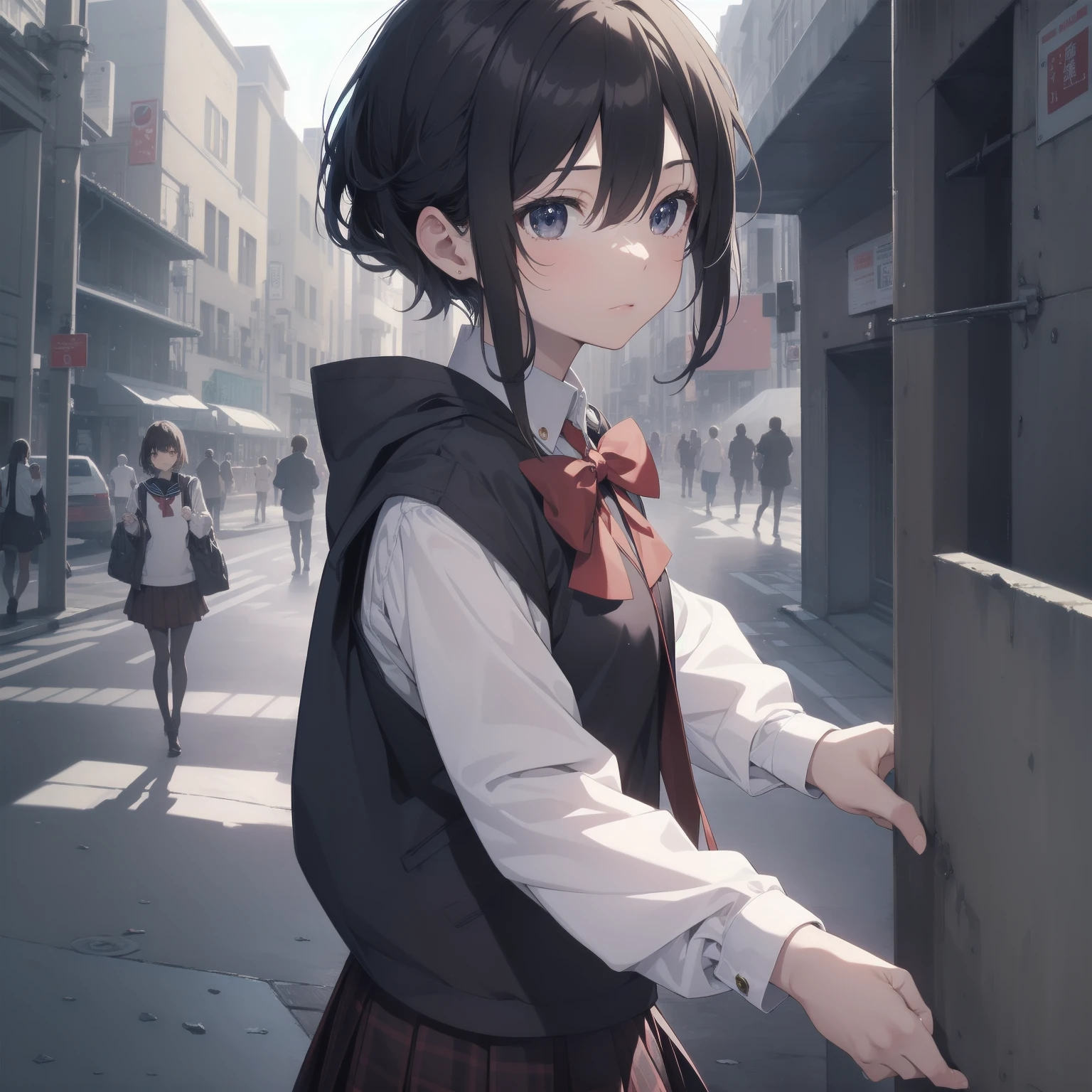 ultra-absurdres-Top quality by artist God, ultra-detailed, high resolution, anime moe artstyle, best anime 8k konachan wallpaper, pixiv contest winner, pool:2810, perfect anatomy,break, 1girl, (Please draw a girl walking sleepily to school alone. )break,(Solo,little female, 13-year-old:1.3),Full limbs, complete fingers,a junior high school student, (very short hair), short cut, flat chest, , small butt, small black eyes, beautiful detailed eyes, well-proportioned iris and pupils, expressive eyes, highres detailed hair, soft expression, salor school_uniform, sailor collar, serahuku, bow, pleated skirt,(Detailed Lighting), (Detailed background), in the School commute route. break,super detailed skin, Best cinematic lighting powered by famous artist, 8k,beauty illustration,photoshop_(medium),very aesthetic,break,((artist:nekotoufu )), artist:clamp ,artist:carnelian ,artist:kantoku ,
