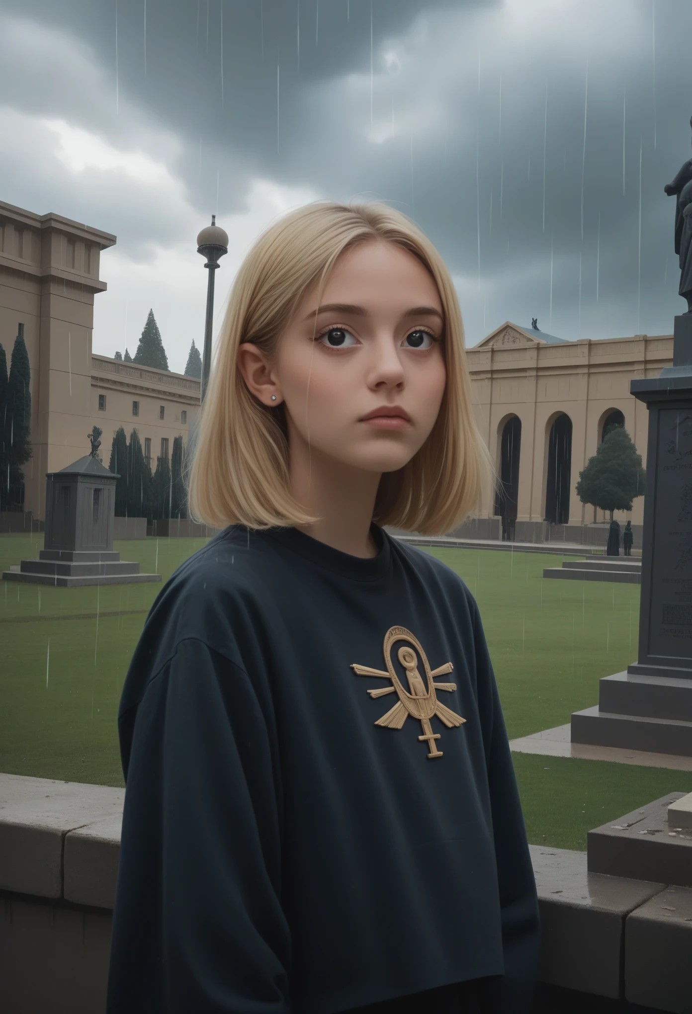 ( closeup of butters standing.:1.2) in a cemetery .  a building_egyptian in the background. ((two black pupils)).blonde hair, black eyes. flat shading. flat colors. art  style of comedy central south park tv show.   ( best quality, high quality, highres, ultra-detailed),  edobgraveyardengland,  dark clouds. heavy raining.  