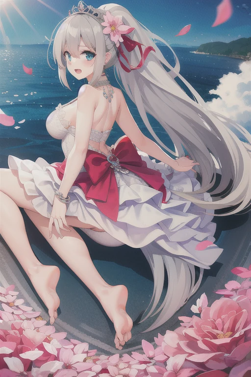 lexington \(warship girls r\),((masterpiece)),(((best quality))),((ultra-detailed)),((illustration)),((disheveled hair)),((frills)),(1 girl),(solo),1girl,bangs,bare shoulders,barefoot,blue sky,blush,bridal veil,cherry blossoms,cloud,cloudy sky,confetti,day,dress,earrings,eyebrows visible through hair,falling petals,feet,flower,foot focus,hair between eyes,hair ornament,high heels,jewelry,leaves in wind,short hair,looking at viewer,looking back,ocean,open mouth,outdoors,petals,petals on liquid,ponytail,rose petals,shoes removed,sidelocks,single shoe,sky,soles,solo,splashing,thighs,tiara,toes,tree,underwear,veil,water,water drop,wedding dress,wet,white dress,Rating:safe,foreshortening,
gray hair,blue eyes,