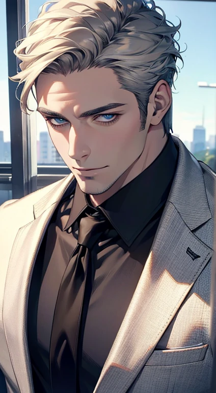 (best quality,4k,8k,highres,masterpiece:1.2),ultra-detailed,(realistic,photorealistic,photo-realistic:1.37),1 man,31 years old,mature man,very handsome,without expression,smile,short grey golden hair,blue eyes,penetrating gaze,perfect face without errors,imposing posture,businessman,office background,cinematic lighting,hdr image