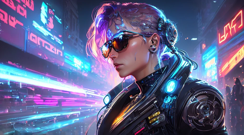(highy detailed: 1.2), (canon EOS R6 best quality: 1.2), (8k: 1.0), (emb-rrf-low: 1.0), (A bunch of big black tattoos on the cyber head open in the middle showing the inside, face detailed, Hyper-detailed eyes and high-tech sunglasses with holographic display 1.2), sharp focus (awarded photo: 1.2), (subsurface scattering: 1.2), (subsurface scattering: 1.2). 1.1) (a beautiful ultra-detailed cyborg: 1.2), ( hyper-detailed hair: 1.2), (wonderful body: 1.2), (complete body: 1.2), (dynamic posture :1.2), neon glow, (detailed cybernetic eyes:1.1), foreground (hyper realist:1.2), RPG, cyberpunk style 2077, dramatic lighting, (highly detailed futuristic cityscape:1.2), (Science fiction: 1.2). 1.2), professional portrait photograph, por wlop greg rutkowski jeffrey simpson alphonse mucha