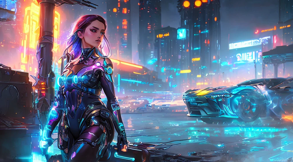 (highy detailed: 1.2), (canon EOS R6 best quality: 1.2), (8k: 1.0), (emb-rrf-low: 1.0), (A bunch of big black tattoos on the cyber head open in the middle showing the inside, face detailed, Hyper-detailed eyes and high-tech sunglasses with holographic display 1.2), sharp focus (awarded photo: 1.2), (subsurface scattering: 1.2), (subsurface scattering: 1.2). 1.1) (a beautiful ultra-detailed cyborg: 1.2), ( hyper-detailed hair: 1.2), (wonderful body: 1.2), (complete body: 1.2), (dynamic posture :1.2), neon glow, (detailed cybernetic eyes:1.1), foreground (hyper realist:1.2), RPG, cyberpunk style 2077, dramatic lighting, (highly detailed futuristic cityscape:1.2), (Science fiction: 1.2). 1.2), professional portrait photograph, por wlop greg rutkowski jeffrey simpson alphonse mucha
