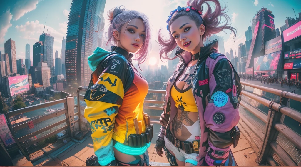 (2 cyberpunk girls wearing colorful Harajuku style pop outfit)), ((((fisheye lens)))), cowboy shot, wind, messy hair, ((cyberpunk 2077 cityscape)), (cyberpunk aesthetics and atmosphere:1.3), bright colors, smiling, ((cinematic lighting))