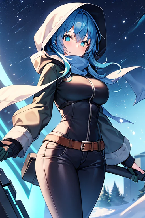 1girl, blue hair, medium hair, large breasts, breasts, green eyes, scarf, covered mouth, jacket, forest, snow, black jacket, hoddie, hooded jacket, hood on, hood up, zipper, gloves, glowing hair, glowing eyes, light blue hair, sky blue hair, night sky, sky, stars, pants, tall, hourglass figure, mature female, thick thighs, pants, belt, long pants