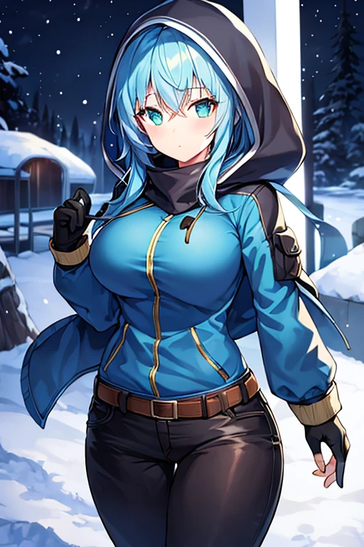 1girl, blue hair, medium hair, large breasts, breasts, green eyes, scarf, covered mouth, jacket, forest, snow, black jacket, hoddie, hooded jacket, hood on, hood up, zipper, gloves, glowing hair, glowing eyes, light blue hair, sky blue hair, night sky, sky, stars, pants, tall, hourglass figure, mature female, thick thighs, pants, belt, long pants