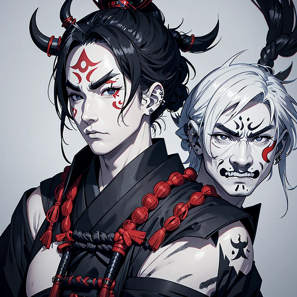 Make a logo of a samurai face with a Japanese demon mask and piercings in black and white