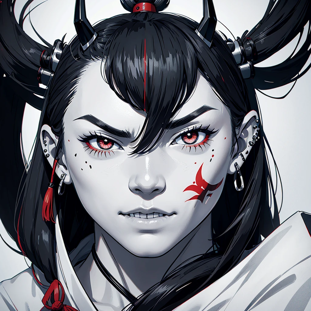 Make a logo of a samurai face with a Japanese demon mask and piercings in black and white 